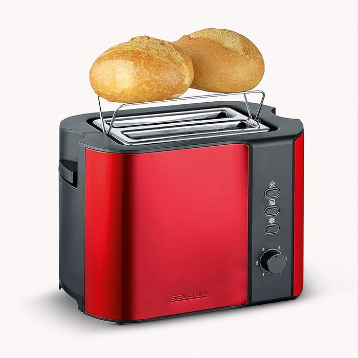 Автоматичний тостер SEVERIN Тостер з насадкою для булочок Високоякісний тостер з нержавіючої сталі для підсмажування, розморожування та нагрівання 800 Вт вогненно-червоний металік/чорний AT 2217