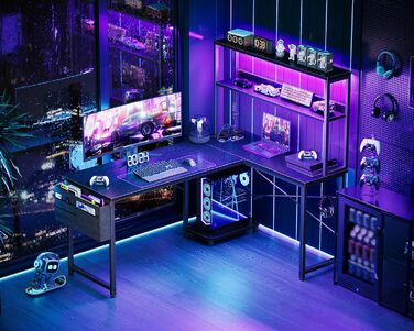 Ігровий стіл Coleshome L-подібної форми з LED підсвічуванням та розетками, 135 × 100 см. Реверсивний стіл з полицями для зберігання, ігровий кутовий стіл з сумкою для дому та геймінгу, чорний (135x100 см)