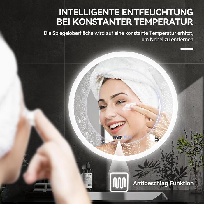 Дзеркало для ванної кімнати YOURLITE з підсвічуванням, діаметр 60 см, LED, 3 кольори, диммування, сенсорне управління, антизапар, пам'ять, IP44, білий