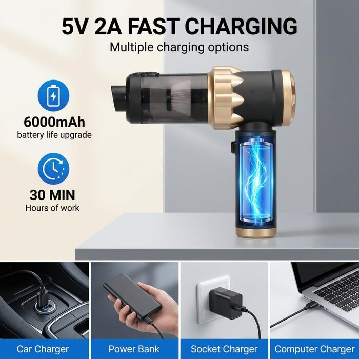 Акумуляторний ручний пилосос Handstaubsauger 26000Па, бездротовий автомобільний міні-пилосос 4-в-1 з безщітковим двигуном, 3 режими потужності для дому, авто та шерсті тварин, чорний