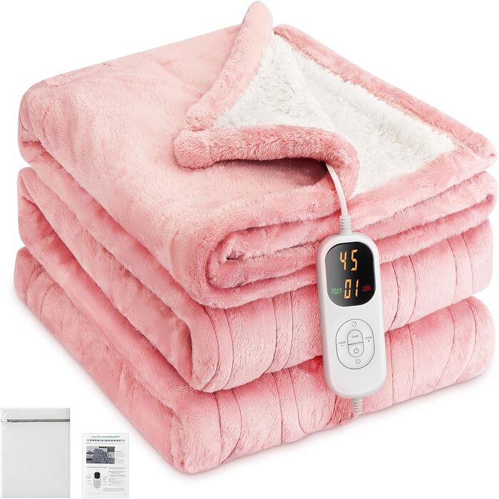 Електрична ковдра з автовимкненням 130x180 см, 8 рівнів нагріву, таймер 12 годин, пральна машина, флісова ковдра для ліжка, дивана, офісу, рожева