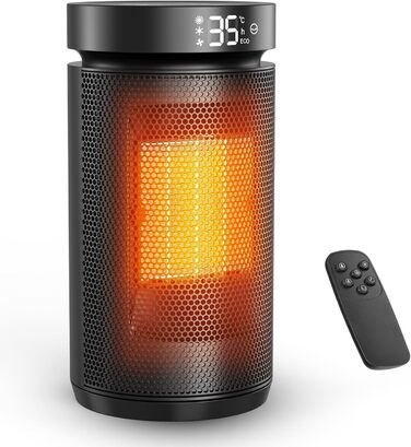 Електричний обігрівач 1500W з PTC керамічним нагрівачем, тихий (34 dB), з термостатом, таймером (12 год) та захистом від перегріву та перекидання. З пультом керування, чорний.