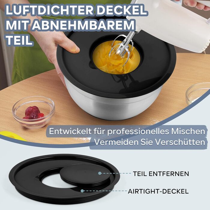 Набір мисок HaWare 6 шт. з нержавіючої сталі, набір салатників з герметичними кришками та 3 насадки для тертя, об'єм 4,6/2,8/2,5/1,6/1,2/0,7 л, антиковзний силіконовий низ, придатні для миття в посудомийній машині, чорний колір