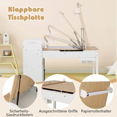 Детский стол Dreamade 3 в 1 с 2 стульями из дерева, стол для рисования с откидной столешницей и 2 тканевыми ящиками & рулон бумаги, детская мебель с хранением для детской комнаты (Натуральный, с 7 секциями)