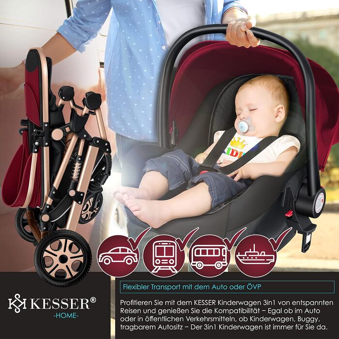 KESSER® Loops - Коляска 3в1 Комбінована з люлькою, прогулянковим блоком та автокріслом. Повний комплект з ванною для новонароджених, сумкою для пеленання, дощовиком та столиком. Чорний колір. Відповідає стандарту ECE R129.