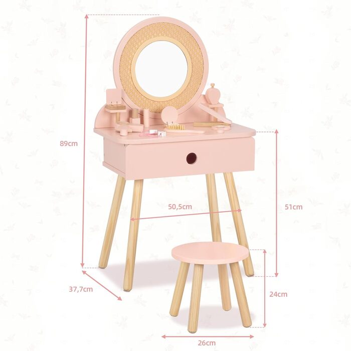 Дитячий туалетний столик OOOK для дівчаток з дзеркалом та табуретом, рожевий, з дерева