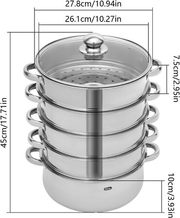 Рівнева пароварка з нержавіючої сталі зі скляною кришкою, яку можна мити в посудомийній машині, для всіх типів плит, 28