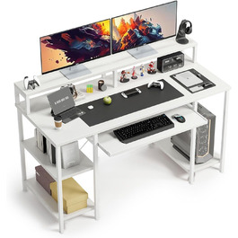 Комп'ютерний стіл для дому та офісу з підставкою для клавіатури, геймінговий стіл з підставкою для монітора та CPU-стійкою, сучасний стіл для навчання та роботи, білий, з полицями
