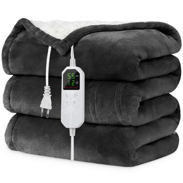 Електрична гріюча ковдра з таймером та захистом від перегріву 130x180 см, 8 режимів нагріву, пральна машина, фланцель-шерпа, сіра для дому та офісу