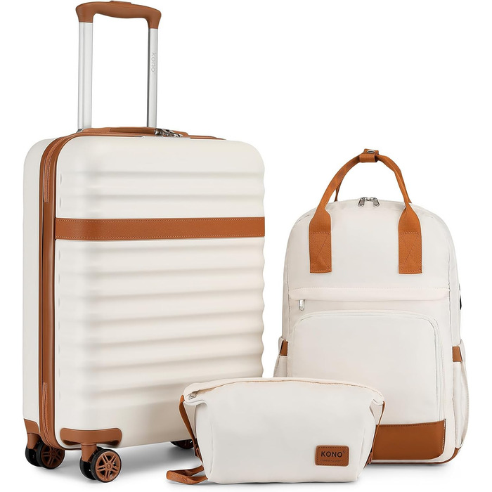 Набір валіз KONO: 3-в-1 (рюкзак, валіза на колесах, косметичка) з ABS+PC, TSA-замок, 4 колеса (кремовий/коричневий)
