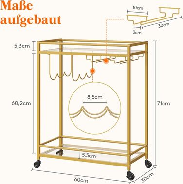 Візок кухонний LifeWit з 3 рівнями, сервірувальний візок на колесах, візок-бар для кухні, вітальні, їдальні, офісу (золотий, 60x30x71 см)