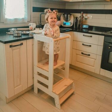 MEOWBABY Лесенка-підставка для навчання Montessori для дітей – регульована висота – підходить для дітей від 1 року – безпечна дитяча підставка – дерев'яний помічник на кухню та для повсякденного використання (з дощечкою, білий-натуральний)