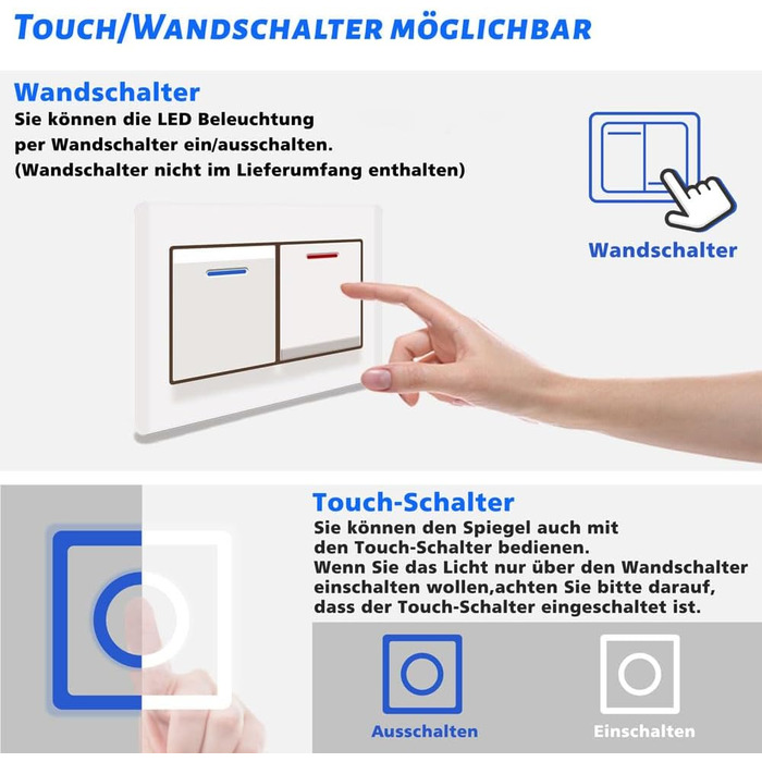 Дзеркало для ванної кімнати Aica LED кругле 50 см, регулювання кольору (холодне/нейтральне/тепле), диммування, функція пам'яті, сенсорне управління, запобігання запотіванню, автоматичне вимкнення (40x40 см)