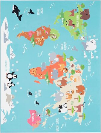 Дитячий килимок, ігровий килимок для дитячої кімнати, Карта світу із зображенням тварин зеленого кольору, Розмір Ø 160 см круглий