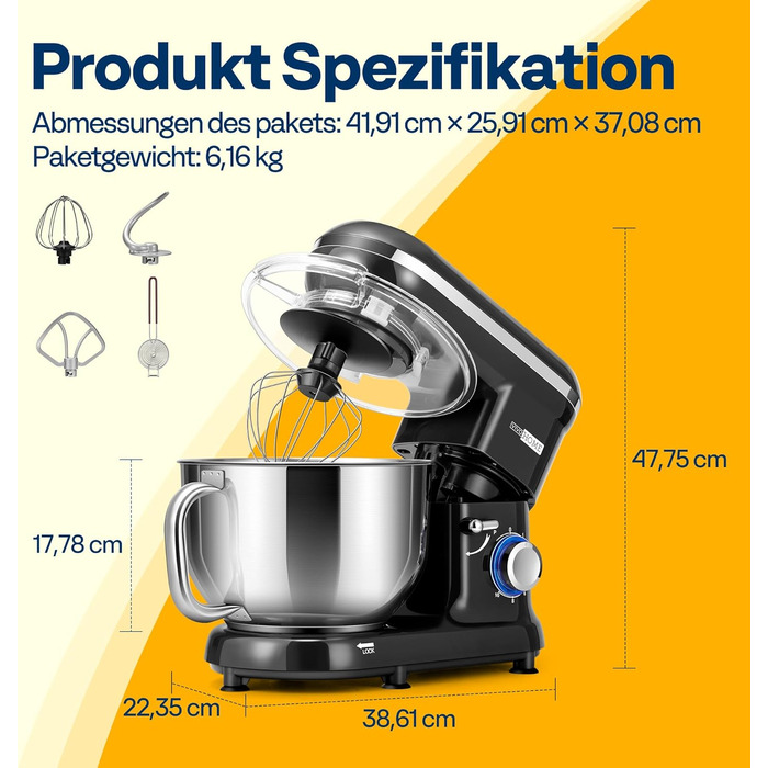 Кухонна машина VIVOHOME 5.7L, 660W з 10 швидкостями, міксер для тіста, чорна