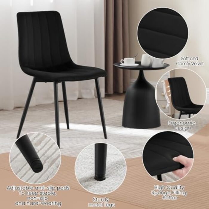 Обідні стільці для вітальні, кухні та спальні. М'які стільці з підлокітниками та металевими ніжками, оксамитова сидіння (Чорний, набір 6 шт.)