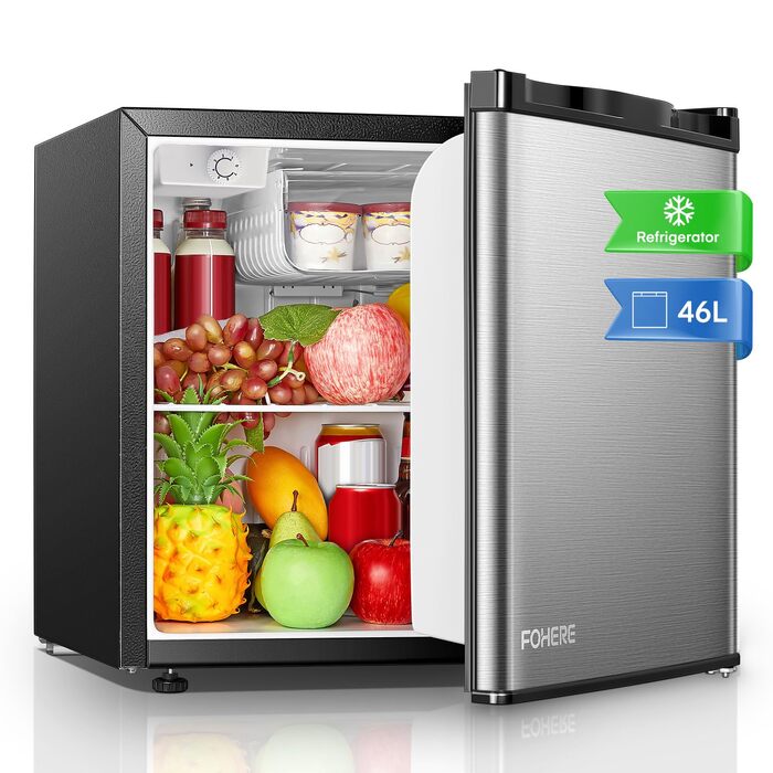 Міні-холодильник E 46L з морозильною камерою, низький рівень шуму 42 дБ, регулювання температури, колір нержавіюча сталь — для офісу, кухні та спальні