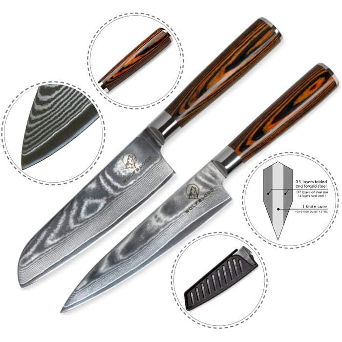 Набір кухонних ножів Дамаск Wolfblood (2 шт.) 24 см, з сертифікацією TÜV, сталь Дамаск 67 шарів, з дерев'яною ручкою, подарункова коробка, захист леза