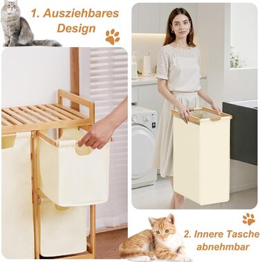 Бамбуковий кошик для білизни iEGrow з 4 відділеннями (150л), з полицею для брудної білизни, Oxford-тканина, 2 x 50л, 2 x 25л, бежевий