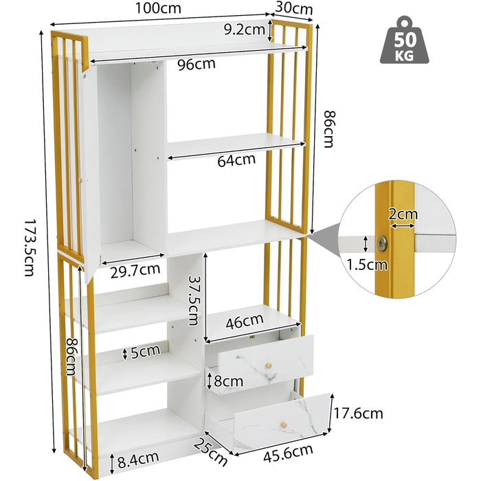 Книжкова шафа Sweiko,6-полична книжкова шафа з дверцятами та 2 ящиками Книжкова шафа від підлоги до стелі,Відкрита кухонна полиця зі сталевим каркасом,Стояча полиця Дерев'яна полиця для зберігання Сучасна (біла золота)