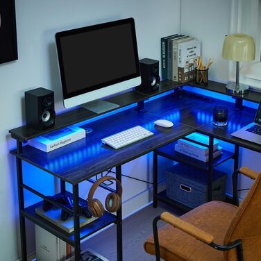 Кутовий ігровий стіл L-подібний з LED-підсвічуванням та розетками, 140x140 см, сірий, з полицями та кишеньками для дому та офісу