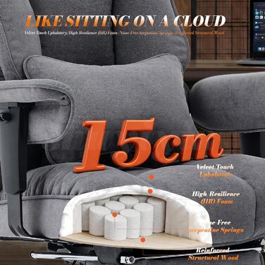 Офісний крісло Efomao XXL до 200 кг, важке, тканинне, з підставкою для ніг, ергономічне для комп'ютера з високою спинкою, похиле для дому/офісу, з товстою м'якою оббивкою (Сірий)