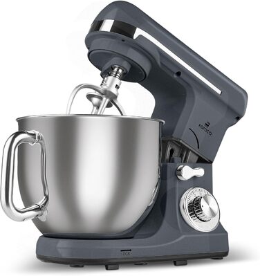 Кухонна машина Karaca Blendburst 1400W з 6 швидкостями, 5.7л чаша з нержавіючої сталі, подвійний гак для тіста, міксер, насадки для збивання та замішування, сірий колір