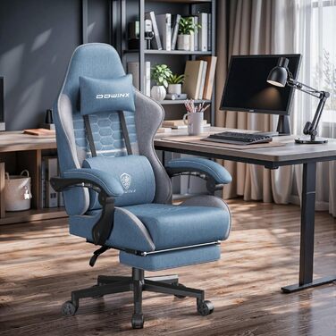 Ігровий крісло Dowinx з підголівником та підніжкою, тканинне, з масажем, чорно-зелений, для офісу та геймінгу