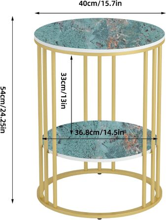 Столик FATIVO круглий, мармур білий, 2 полиці, залізний каркас, 404054см, зелений