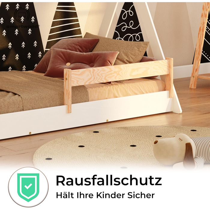 Дерев'яне ліжко-дитяча кімната Smartwood Hausbett: Монтессорі Тіпі з сосни з сертифікатом FSC, захист від падіння та ламелі до 230 кг, для хлопчиків та дівчаток, проста збірка (70x140, білий)