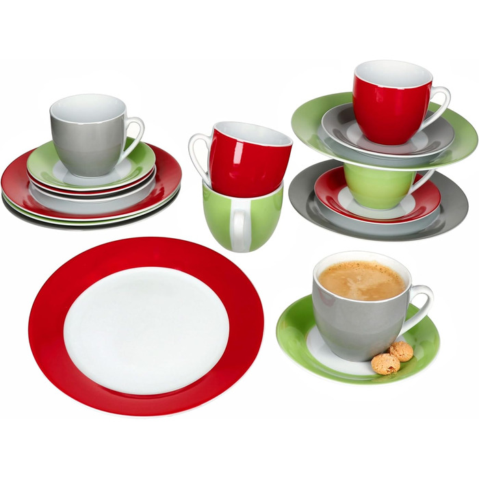 MamboCat Кавовий сервіс Trio 18 предметів: кавовий набір з 6 чашок, блюдець та тарілок (зелений, червоний, сірий)