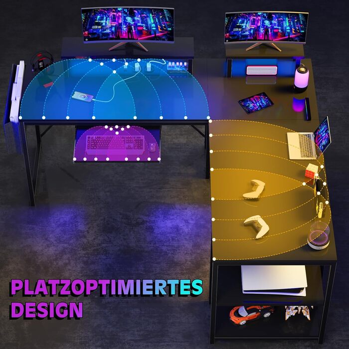 Ігровий стіл Flamaker L-подібний 140x140 см з RGB LED, підставка для монітора та полиця | 2 розетки + 2 USB-порти (вуглецеве волокно, чорний матовий)