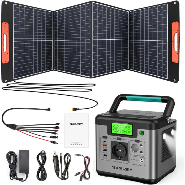 Портативна електростанція S500 з сонячною панеллю 100W, 518Wh сонячний генератор, 500W (пікова 1000W) AC вихід, 65W USB-C порт для вечірок, подорожей, кемпінгу, автодому, екстрених ситуацій 518Wh+100W-BS100