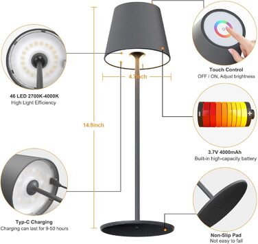 LED настільна лампа MALUX бездротова, торшера з торканням, диммування, тепле біле світло 2700K-4000K, металева, акумуляторна, вологостійка IP54, для саду, їдальні, спальні, робочого кабінету, балкону, готелю (темно-сірий), (сірий) 1 шт.