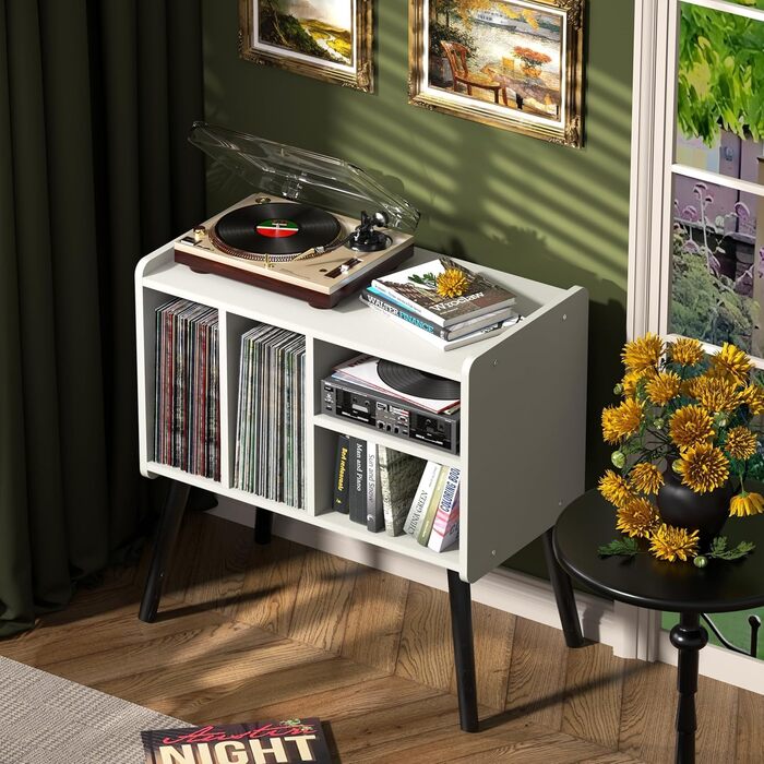 Стіл для програвача вінілу, підставка для програвача в стилі середини століття з місцем для зберігання до 150+ платівок, шафа для вінілових платівок з регульованими полицями (білий)