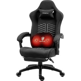 Ігровий крісло Dowinx з підігрівом, масажем попереку, кишеньковим пружинним сидінням та підставкою для ніг. PC-крісло для дорослих, чорного кольору