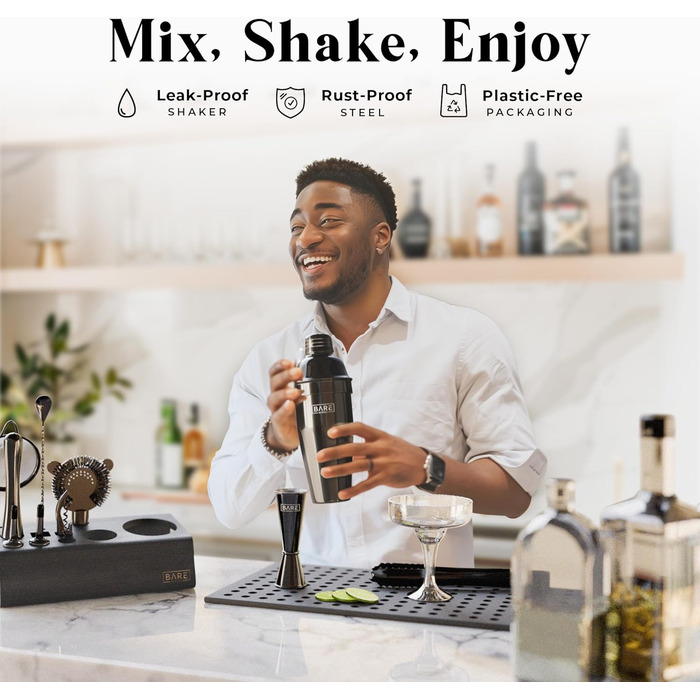 Набір для бармена Pro Mixology: 14 предметів, шейкер Boston, аксесуари для дому, бамбуковий підставник, рецепти коктейлів, подарунковий набір чорного кольору (24oz Cobbler Shaker)