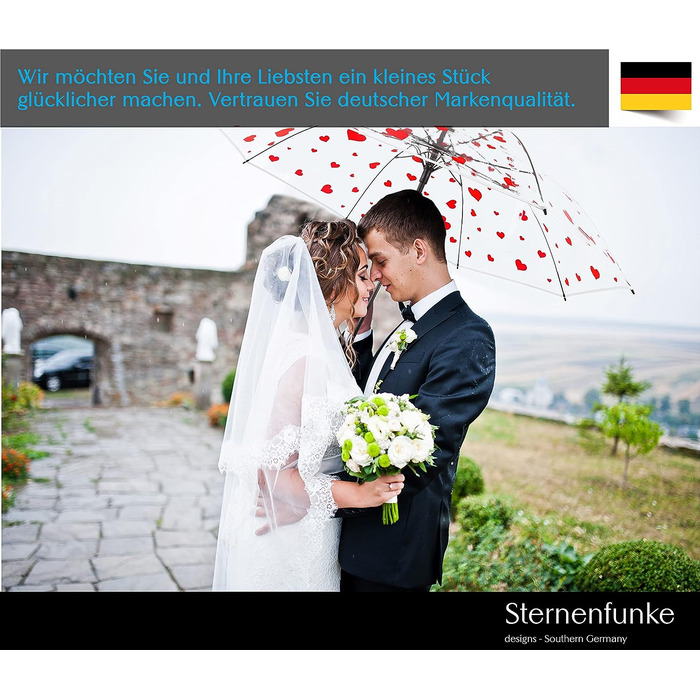 Зоряна іскра Прозорий парасольку весільний великий XXL Ø130 см з сердечками червоного кольору Серце парасольку прозоре весілля нареченого і нареченої, прозорий парасольку партнера або весільний парасольку - край білий прозоро - червоні сердечка Ø130 см - 