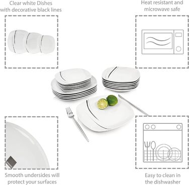Порцеляновий столовий сервіз SINGER Bilgola Black Lines, набір посуду 18шт на 6 персон, набір тарілок, квадратний столовий сервіз 18 шт.