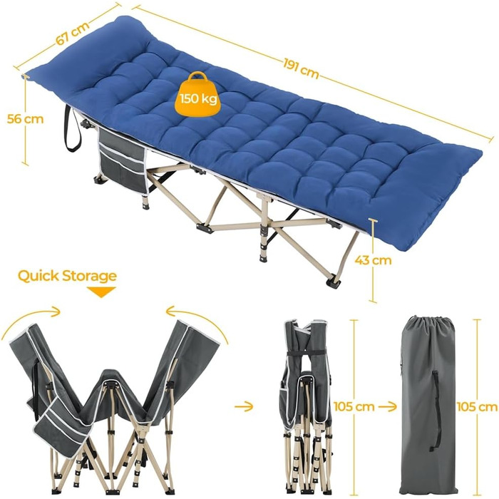 Розкладне кемпінгове ліжко Yaheetech з матрацом та сумкою для перенесення, гостьове ліжко для відпочинку та саду, 191 x 67 см, витримує до 150 кг (Блакитний/Сірий)