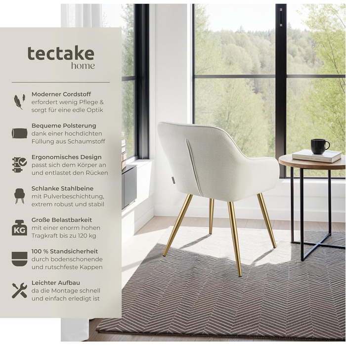 Тектейк® Крісло-стілець з підлокітниками, м'яке, обтягнуте тканиною Cord, для вітальні, їдальні, кухні, офісу - (1 шт., кремовий/золотий)
