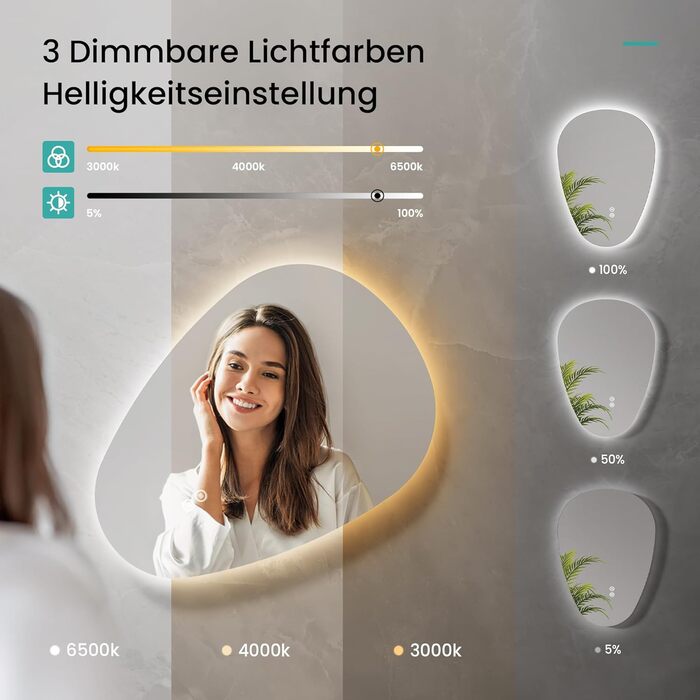 Дзеркало для ванної кімнати EMKE з підсвічуванням 80x60 см, з полицею, антизапар, регульоване холодне біле світло 6500K, сенсорне управління, функція пам'яті, асиметричне дзеркало для ванної кімнати (70L x 50B см)