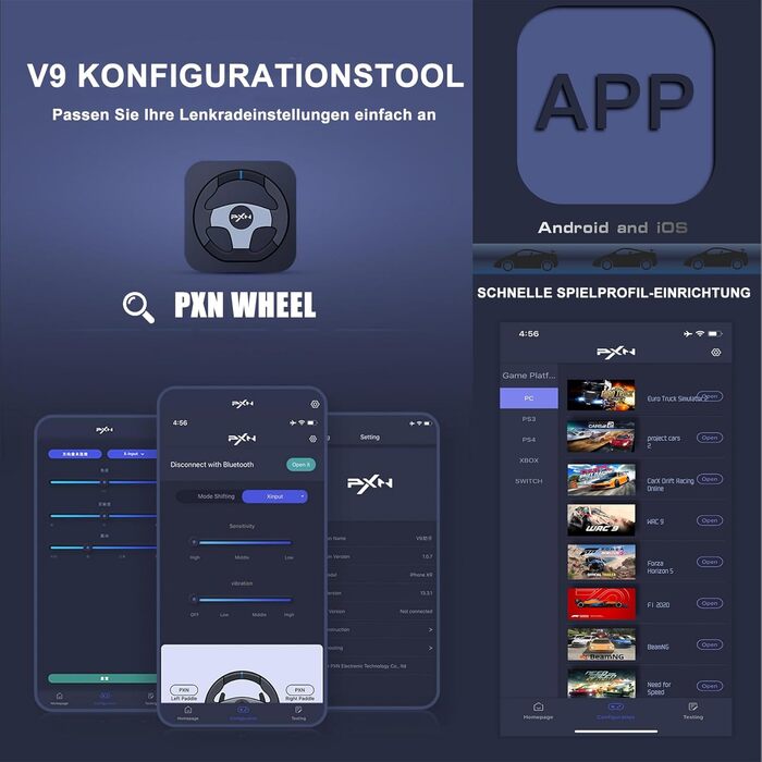 Ігровий кермо PXN V9 з педалями та перемикачем для ПК, Xbox, PS4/PS3 - 270/900°, вібрація, налаштування