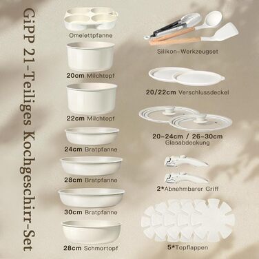 Набір посуду GiPP 21 предмет: каструлі та сковорідки з керамічним антипригарним покриттям, індукційне дно, для всіх плит, білий