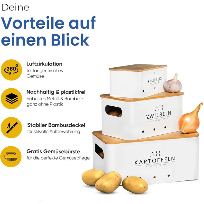 Набір контейнерів для зберігання картоплі, цибулі та овочів AH® (4 шт.) з щіткою для овочів, преміум якість