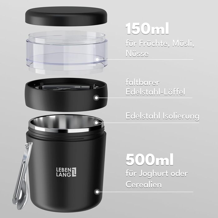 Кружка LEBENLANG для мюслі та йогурту To Go з ложкою - ізольована, з нержавіючої сталі, 650 мл. Ідеально для мюслі, йогурту, каші, для дітей та дорослих, в дорогу (Чорний)