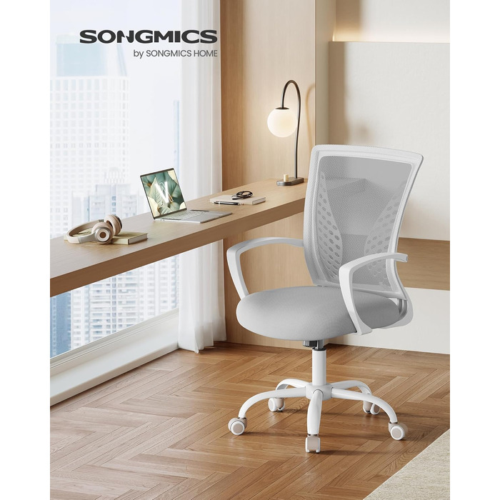Офісне крісло SONGMICS ергономічне сітчасте, стілець для комп'ютера з регулюванням висоти та функцією гойдання, дихаюча оббивка, до 120 кг, сіро-голубий (OBN022GD01)