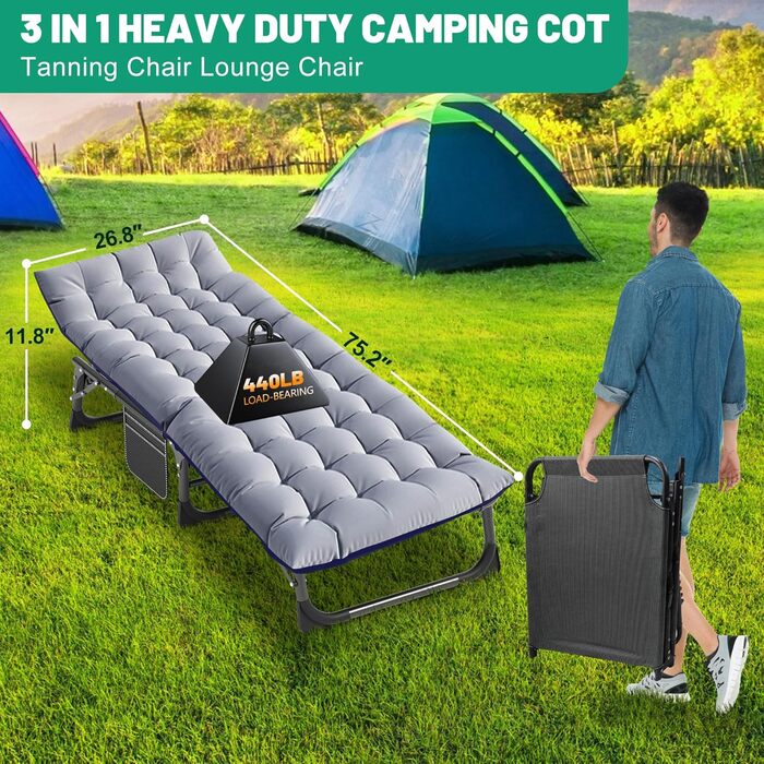 Розкладне кемпінгове ліжко з матрацом та кишенями, сталева рама, навантаження до 200 кг, 190x71x36 см, сіро-сланцевий колір — для кемпінгу, саду та офісу