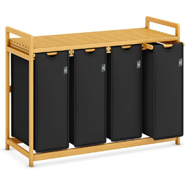 Кошик для білизни AdelDream Premium 200L з 4 відділеннями, висувний мішок для білизни з бамбуковим каркасом, бежевий, для ванної кімнати та спальні