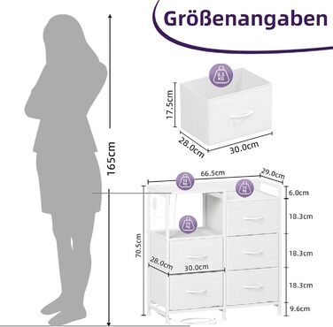 Комод з ящиками для спальні, вітальні, коридору Somdot з LED-підсвіткою та розетками (2 AC, 1 USB, 1 Type-C), 5 тканинних ящиків, білий, 29T x 66,5B x 70,5H см, штучна шкіра